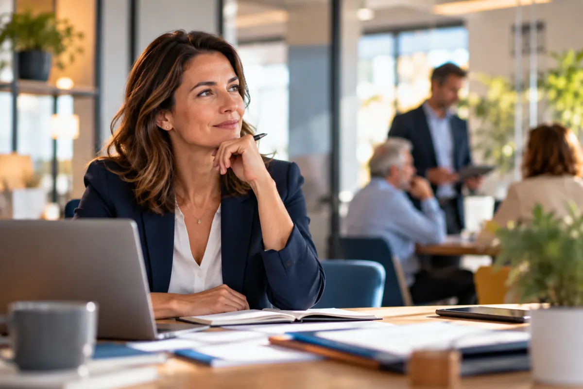 Une conseillère pensive à son bureau, dans une agence