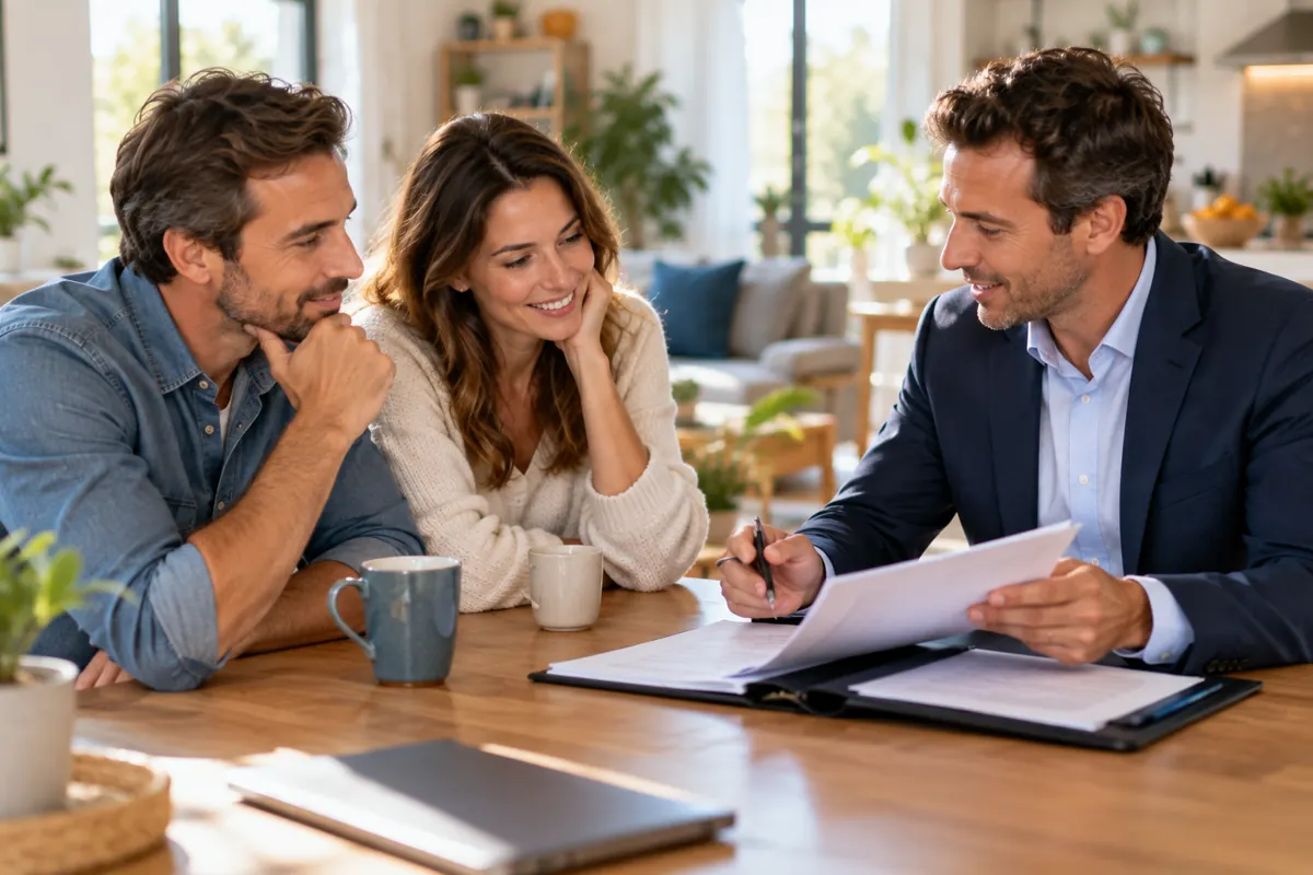 Un conseiller présente un document à un couple