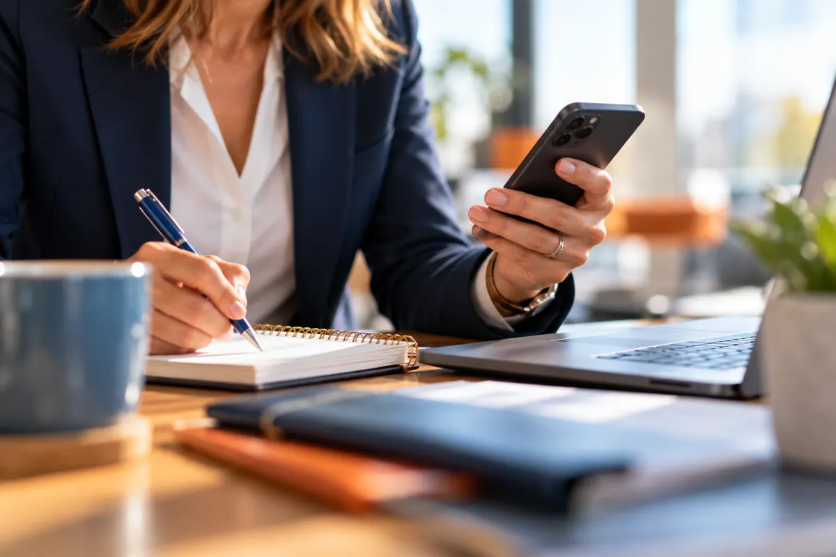Une conseillère consulte son téléphone en prenant des notes